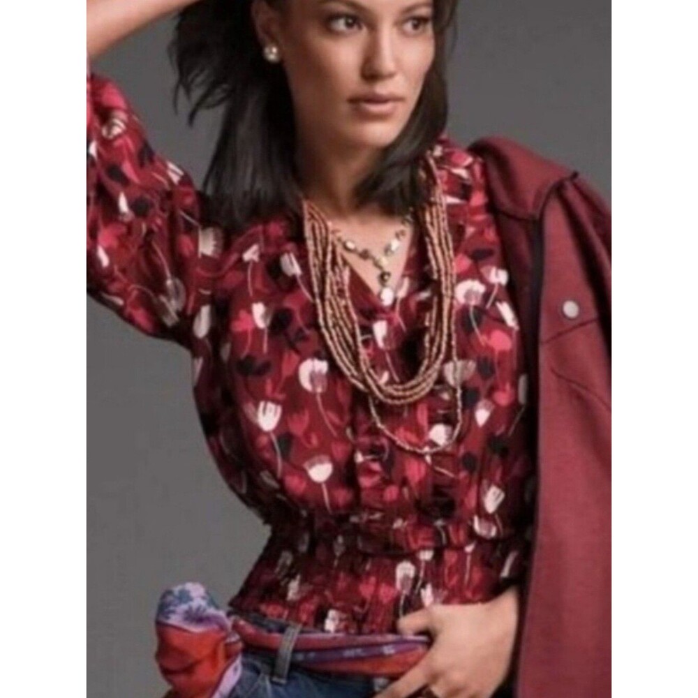 Cabi Corsage Wine Blooms Medium Blouse Style 4157